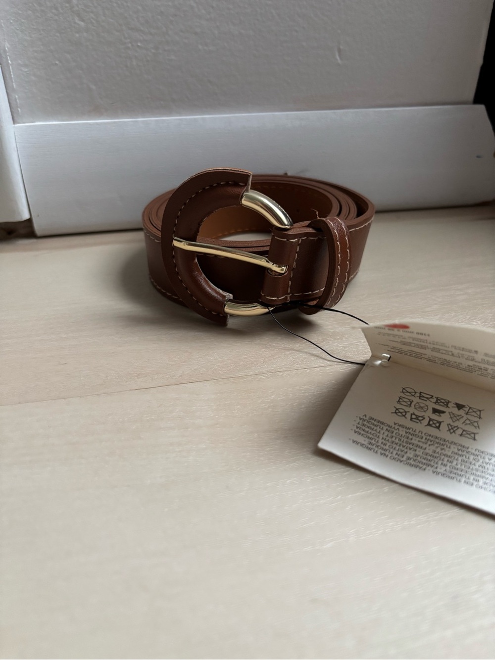 Zara Brown Leather Belt with Gold Round Buckle
